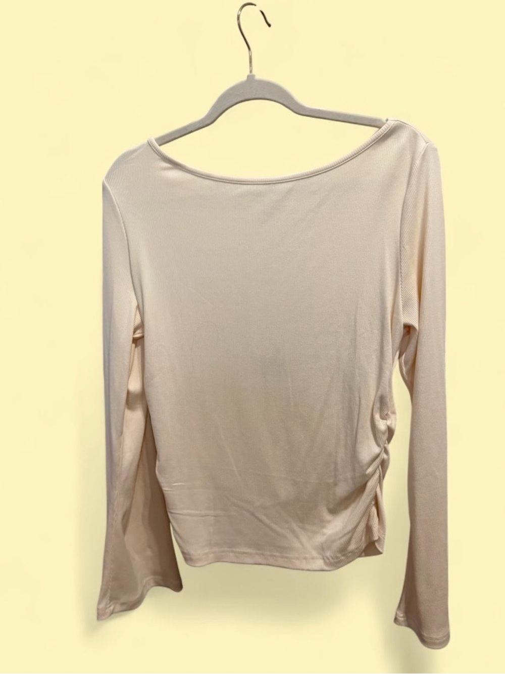 Long Sleeve Crewneck Top in Light Cream with Side Ruching